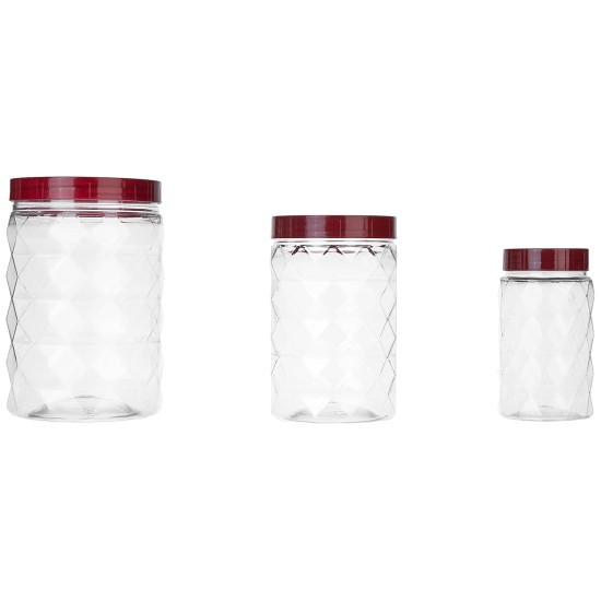 Solimo Plastic Pet Storage Jar and Container, Set of 18 (6 pcs x 300 ml, 6 pcs x 600 ml, 6 pcs x 1.2 ltrs Each), Red Wine | Air Tight | Kitchen Organiser | BPA Free | Stackable