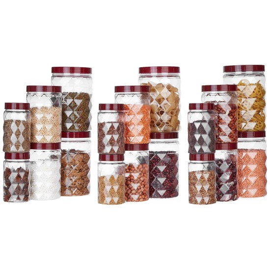 Solimo Plastic Pet Storage Jar and Container, Set of 18 (6 pcs x 300 ml, 6 pcs x 600 ml, 6 pcs x 1.2 ltrs Each), Red Wine | Air Tight | Kitchen Organiser | BPA Free | Stackable
