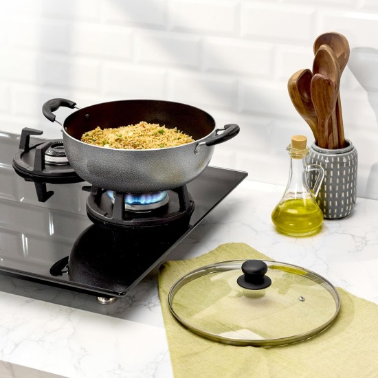 Solimo-Non Stick Kadhai With Glass Lid(26 Cm,Hammertone Finish,3 Coat,2.9 Mm Thickness)|Black,4 litres
