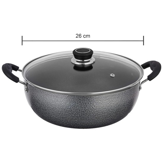 Solimo-Non Stick Kadhai With Glass Lid(26 Cm,Hammertone Finish,3 Coat,2.9 Mm Thickness)|Black,4 litres