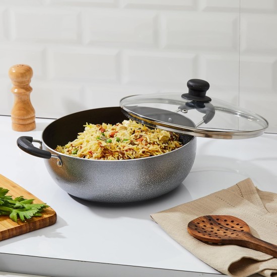 Solimo-Non Stick Kadhai With Glass Lid(26 Cm,Hammertone Finish,3 Coat,2.9 Mm Thickness)|Black,4 litres