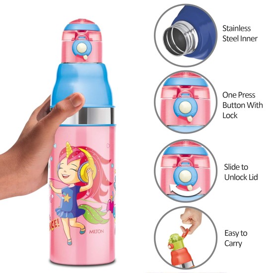Milton Kool Stunner 600 Kids Plastic Insulated Water Bottle, 520 ml, Sipper Bottle, Leak Proof, BPA Free, Food Grade, School & Picnic Bottle, Pink