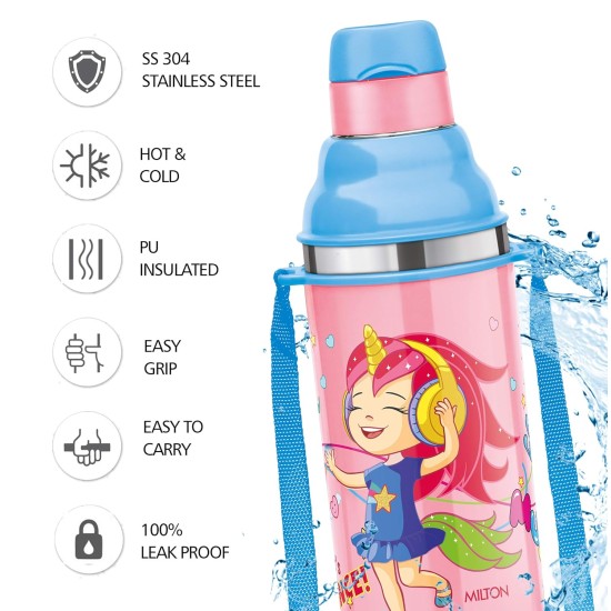Milton Kool Stunner 400 Kids Plastic Insulated Water Bottle with Straw, 404 ml, Sipper Bottle, Leak Proof, BPA Free, Food Grade, School & Picnic Bottle, Pink