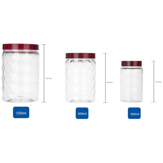 Solimo Plastic Pet Storage Jar and Container, Set of 12 (4 pcs x 300 ml, 4 pcs x 600 ml, 4 pcs x 1.2 ltrs Each) Red Wine | Air Tight | Kitchen Organiser | BPA Free | Stackable