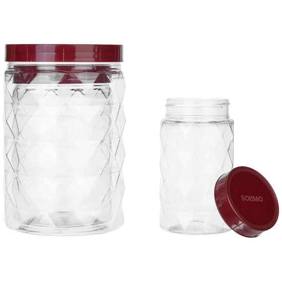 Solimo Plastic Pet Storage Jar and Container, Set of 12 (4 pcs x 300 ml, 4 pcs x 600 ml, 4 pcs x 1.2 ltrs Each) Red Wine | Air Tight | Kitchen Organiser | BPA Free | Stackable