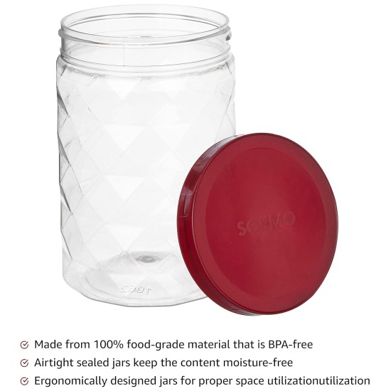 Solimo Plastic Pet Storage Jar and Container, Set of 12 (4 pcs x 300 ml, 4 pcs x 600 ml, 4 pcs x 1.2 ltrs Each) Red Wine | Air Tight | Kitchen Organiser | BPA Free | Stackable