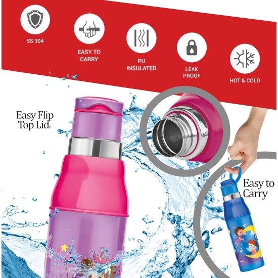MILTON Kool Steelight 600 Kids Plastic Insulated Water Bottle with Straw, 520 ml, Sipper Bottle, Leak Proof, BPA Free, Food Grade, School & Picnic Bottle, Purple