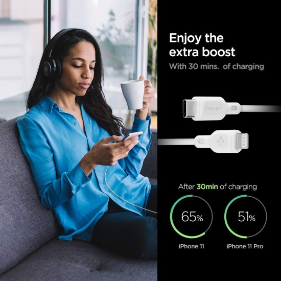 Spigen Apple MFi Certified USB C to Lightning Charge Sync Cable 1.0 Meters - White Spigen Apple MFi Certified USB C to Lightning Charge Sync Cable 1.0 Meters - White