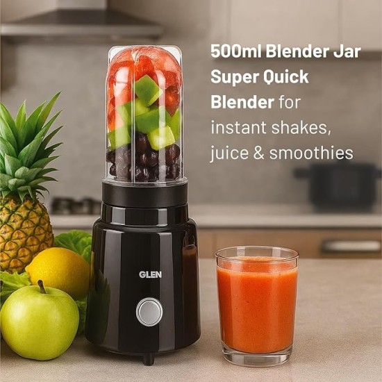 Glen Active Electric Blender Mixer Grinder for kitchen, 350W, 2 Unbreakable Jars (300ml & 500ml), 2 Stainless Steel Blades, 20000 RPM, for Smoothie Shake Juice - Black (SA4048N)