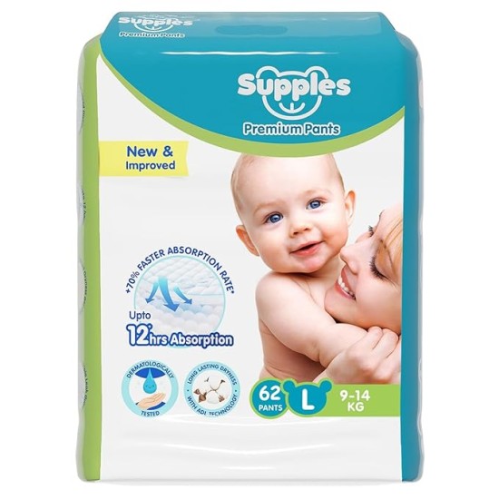 Supples Premium Baby Diaper Pants | 62 Baby Diapers | Large | 9-14 Kg | 12 Hrs Absorption | Cushiony Cotton Soft Fabric | Phthalates-Free | Triple Leak Guard