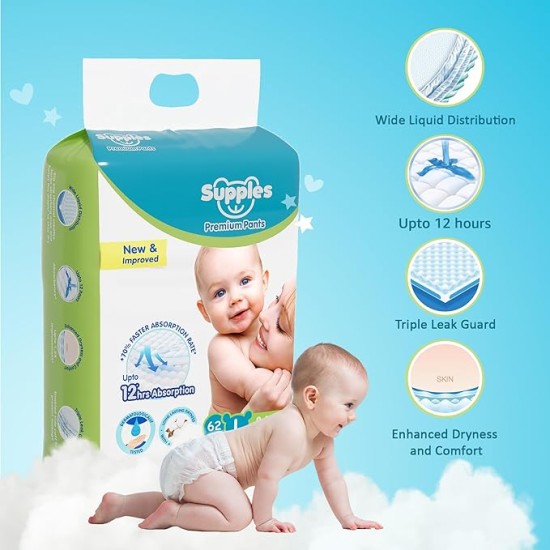 Supples Premium Baby Diaper Pants | 62 Baby Diapers | Large | 9-14 Kg | 12 Hrs Absorption | Cushiony Cotton Soft Fabric | Phthalates-Free | Triple Leak Guard