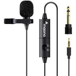 MAONO AU-100 Collar Auxiliary Mic for YouTube, Mobile Phone, Camera, Lavalier Clip on Omnidirectional Microphone, Plug and Play, with 6M Audio Cable, 3.5mm TRRS Plug and 6.35mm Adapter (Black)