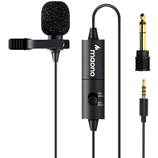 MAONO AU-100 Collar Auxiliary Mic for YouTube, Mobile Phone, Camera, Lavalier Clip on Omnidirectional Microphone, Plug and Play, with 6M Audio Cable, 3.5mm TRRS Plug and 6.35mm Adapter (Black)