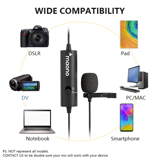 MAONO AU-100 Collar Auxiliary Mic for YouTube, Mobile Phone, Camera, Lavalier Clip on Omnidirectional Microphone, Plug and Play, with 6M Audio Cable, 3.5mm TRRS Plug and 6.35mm Adapter (Black)