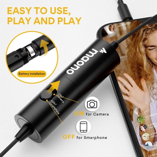MAONO AU-100 Collar Auxiliary Mic for YouTube, Mobile Phone, Camera, Lavalier Clip on Omnidirectional Microphone, Plug and Play, with 6M Audio Cable, 3.5mm TRRS Plug and 6.35mm Adapter (Black)
