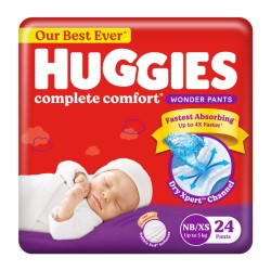 Huggies Complete Comfort Wonder Pants | Pant Style Baby Diapers New Born / XS Size, 24 Count | India's Fastest Absorbing Diaper, Patented Dry Xpert Channel, Ideal for 0-5 Kgs