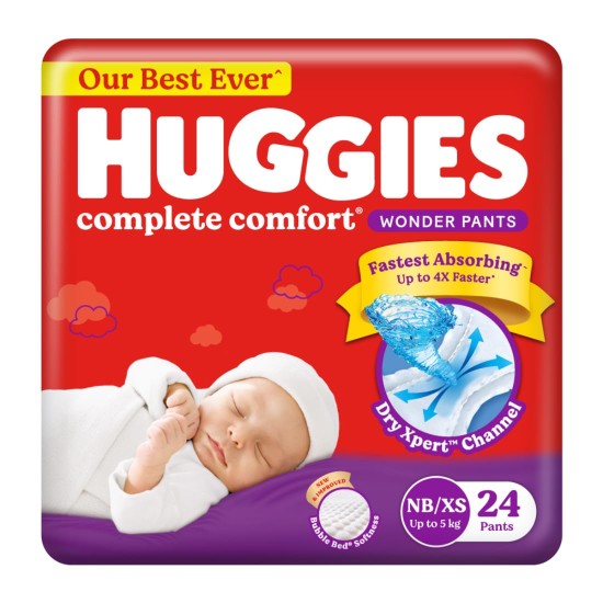 Huggies Complete Comfort Wonder Pants | Pant Style Baby Diapers New Born / XS Size, 24 Count | India's Fastest Absorbing Diaper, Patented Dry Xpert Channel, Ideal for 0-5 Kgs