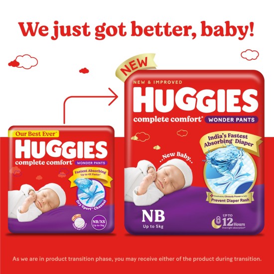 Huggies Complete Comfort Wonder Pants | Pant Style Baby Diapers New Born / XS Size, 24 Count | India's Fastest Absorbing Diaper, Patented Dry Xpert Channel, Ideal for 0-5 Kgs