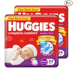 Huggies Complete Comfort Wonder Pants | Pant Style Baby Diapers Newborn / XS Size, 48 Count | India's Fastest Absorbing Diaper, Patented Dry Xpert Channel, Ideal for 0-5 Kgs Visit the Huggies Store