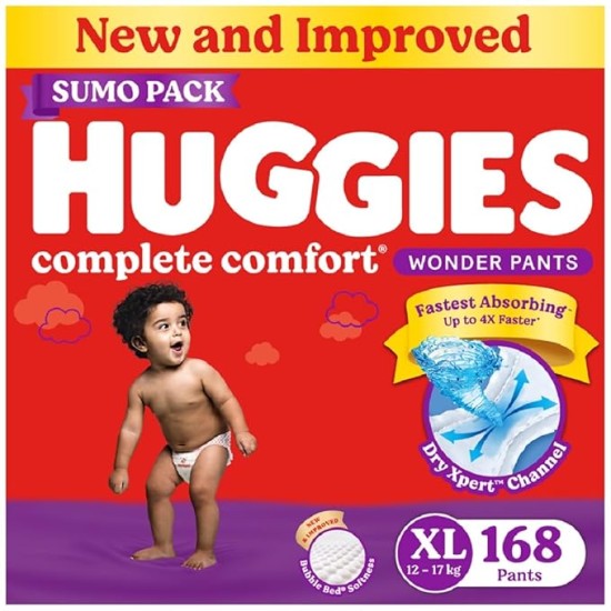 Huggies Complete Comfort Wonder Pants | Pant Style Baby Diapers XL Size, 168 Count | India's Fastest Absorbing Diaper, Patented Dry Xpert Channel, Ideal for 12 to 17 Kgs