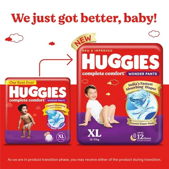 Huggies Complete Comfort Wonder Pants | Pant Style Baby Diapers XL Size, 168 Count | India's Fastest Absorbing Diaper, Patented Dry Xpert Channel, Ideal for 12 to 17 Kgs