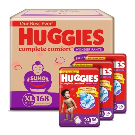 Huggies Complete Comfort Wonder Pants | Pant Style Baby Diapers XL Size, 168 Count | India's Fastest Absorbing Diaper, Patented Dry Xpert Channel, Ideal for 12 to 17 Kgs