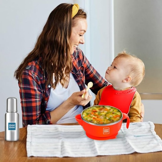 Mee Mee Stay Warm Baby Steel Bowl with Suction Base, Red (Pack of 1)