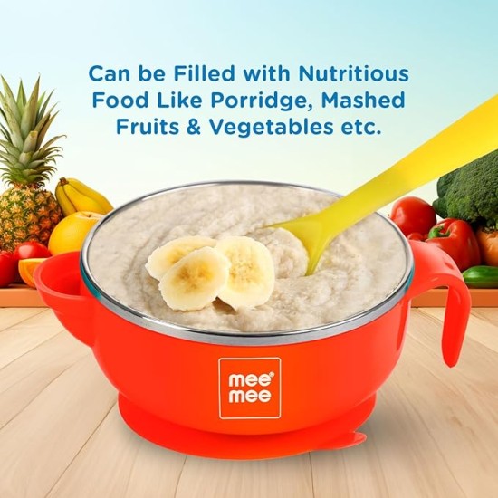 Mee Mee Stay Warm Baby Steel Bowl with Suction Base, Red (Pack of 1)