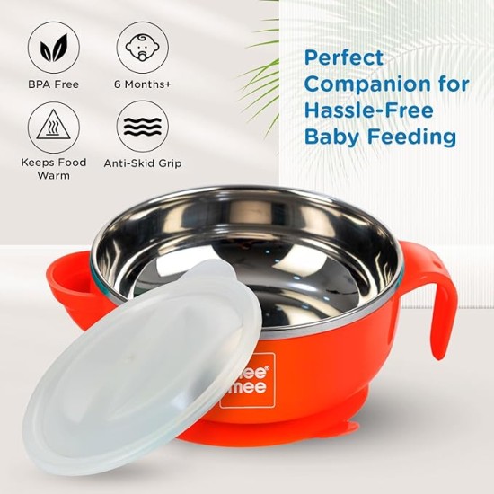 Mee Mee Stay Warm Baby Steel Bowl with Suction Base, Red (Pack of 1)