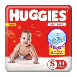 Huggies Dry Tape | Adjustable Tape Style Diapers, Small (S) Size (4-8 Kgs), Pack of 34 | Up To 2X Faster Absorption, Up To 12 Hours Overnight Absorption unisex