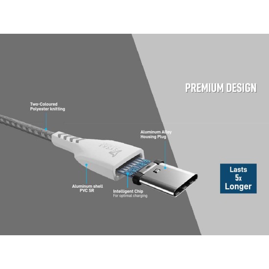 Syska CCCP10 1.5m Type-C Cable 2.4A Fast Charging (Grey White) Syska CCCP10 1.5m Type-C Cable 2.4A Fast Charging (Grey White)