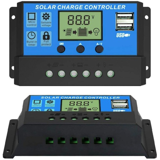 ELEPHANTBOAT ® 10A 12V 24V ABS Solar Panel Charger Controller Battery Dual USB LCD Display Regulator (Blue)
