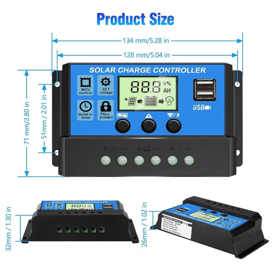 ELEPHANTBOAT ® 10A 12V 24V ABS Solar Panel Charger Controller Battery Dual USB LCD Display Regulator (Blue)