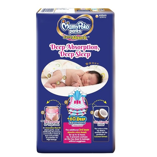 MamyPoko Pants Extra Absorb Baby Diapers, Extra Extra Large (XXL Size) | 15-25 kg | 34 Count |Deep Sleep Diapers| Soft Gentle fit |Deep Absorbent Crisscross | Skin Friendly with Coconut Oil |