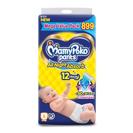 MamyPoko Pants All Night Absorb Baby Diapers Small (S), 90 Count 4-8 Kg, 34 Grams