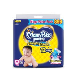 MamyPoko Pants All Night Absorb Baby Diapers Medium (M), 72 Count 7-12 kg