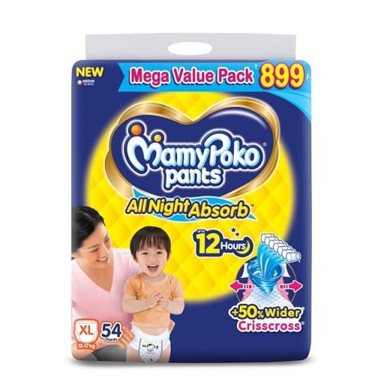 MamyPoko Pants All Night Absorb Baby Diapers X-Large (XL), 54 Count 12-17 kg