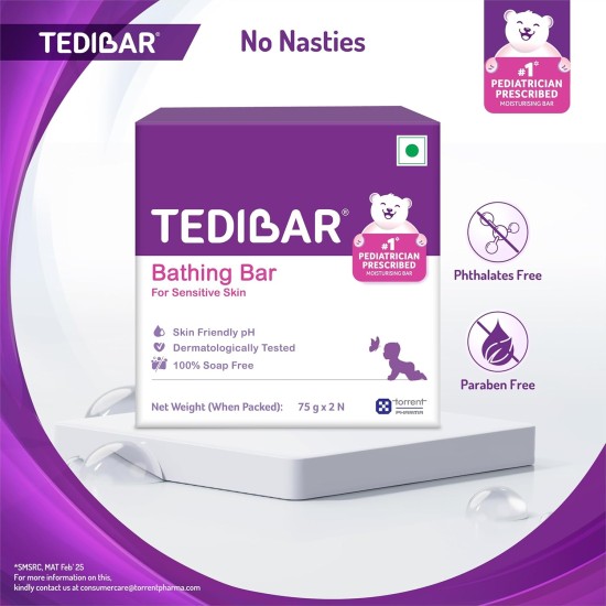 Tedibar Baby Bathing Bar | For Baby’s Sensitive Skin | Gentle Cleansing, Skin-friendly, pH 5.5, 75gm, Pack of 2