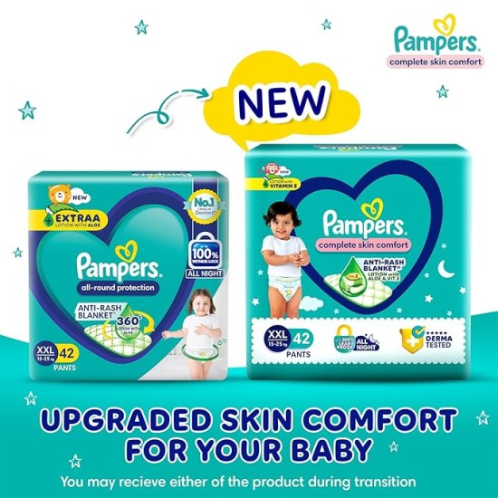 Pampers All Round Protection Pants Style Baby Diapers, Double Extra Large size (XXL) 42 Count,15-25kg, Anti-rash blanket, 360 degree Lotion with Aloe
