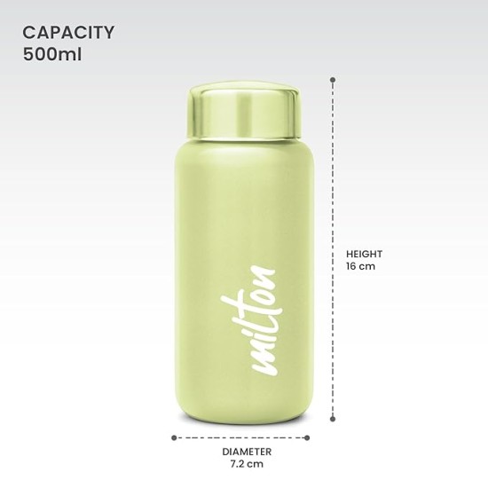 MILTON Aqua 500 Stainless Steel Water Bottle 500 ml, Single Walled, ISI Certified I Leak Proof Lid, Rust Proof I For School, Office, Gym I Light Green