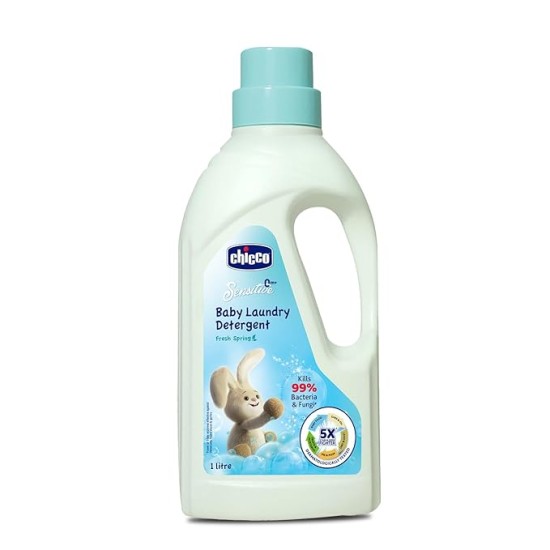 Chicco Baby Liquid Laundry Detergent, 5X Stain & Germ Fighter, Kills 99% Of Germs, Dermatologically Tested For Effective & Gentle Cleaning, Fresh Spring (1 L)
