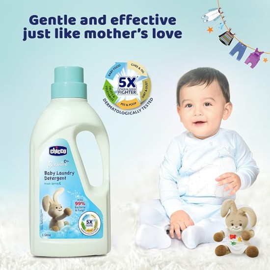 Chicco Baby Liquid Laundry Detergent, 5X Stain & Germ Fighter, Kills 99% Of Germs, Dermatologically Tested For Effective & Gentle Cleaning, Fresh Spring (1 L)