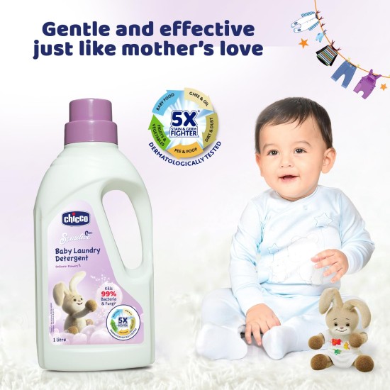 Chicco Sensitive Baby Laundry Detergent, Delicate Flowers Fragrance, 1L | Liquid Detergent for Baby Clothes | Kills 99% Barteria and Fungi | 5X Stain Fighter | Free From Harsh Chemicals & Colorants