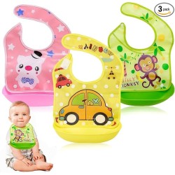 BabyGo Silicone Baby Bibs | Adjustable Neckline Feeding Apron Bibs, Detachable, Waterproof, Washable, BPA-Free & Reusable Soft Silicone Bibs for Infants & Toddlers | Set of 3