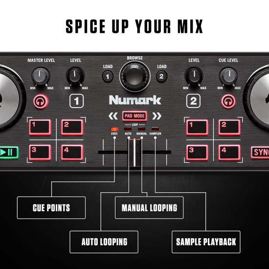 Numark DJ2GO2 Touch | Compact 2 Deck USB DJ Controller For Serato DJ with a Mixer/Crossfader, Audio Interface and Touch Capacitive Jog Wheels