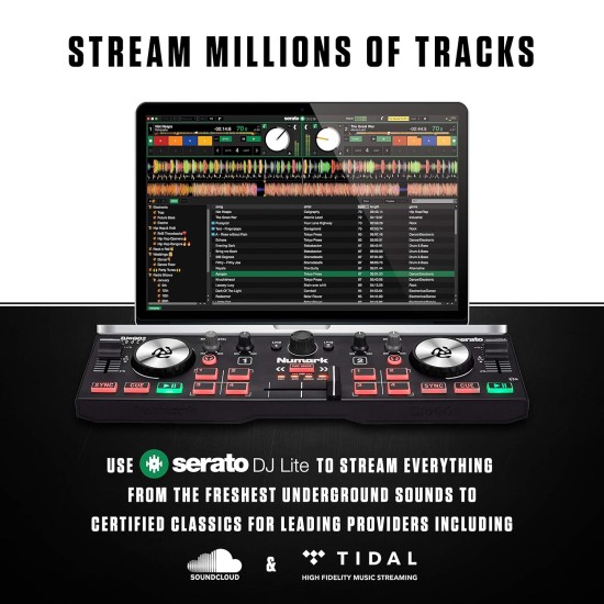 Numark DJ2GO2 Touch | Compact 2 Deck USB DJ Controller For Serato DJ with a Mixer/Crossfader, Audio Interface and Touch Capacitive Jog Wheels