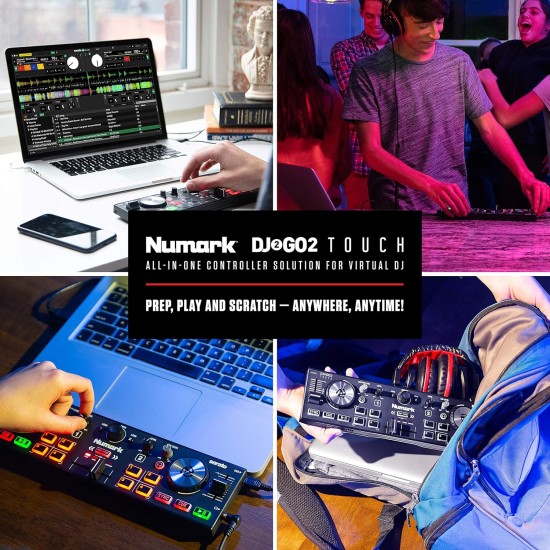 Numark DJ2GO2 Touch | Compact 2 Deck USB DJ Controller For Serato DJ with a Mixer/Crossfader, Audio Interface and Touch Capacitive Jog Wheels