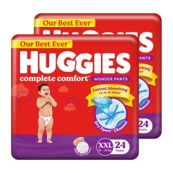 Huggies Complete Comfort Wonder Pants | Pant Style Baby Diapers XXL Size, 48 Count | India's Fastest Absorbing Diaper, Patented Dry Xpert Channel, Ideal for 15 to 25 Kgs