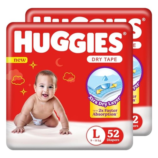 Huggies Complete Comfort Dry Tape Large (L) Size Baby Tape Diapers,9-14 Kg 52 count Pack of 1