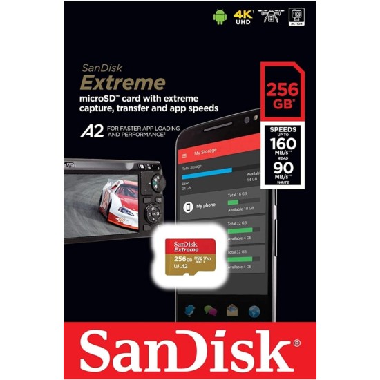 SanDisk 256GB Extreme MicroSDXC UHS-I Memory Card - C10, U3, V30, 4K, A2, Micro SD - SDSQXA1-256G-GN6MN SanDisk 256GB Extreme MicroSDXC UHS-I Memory Card - C10, U3, V30, 4K, A2, Micro SD - SDSQXA1-256G-GN6MN